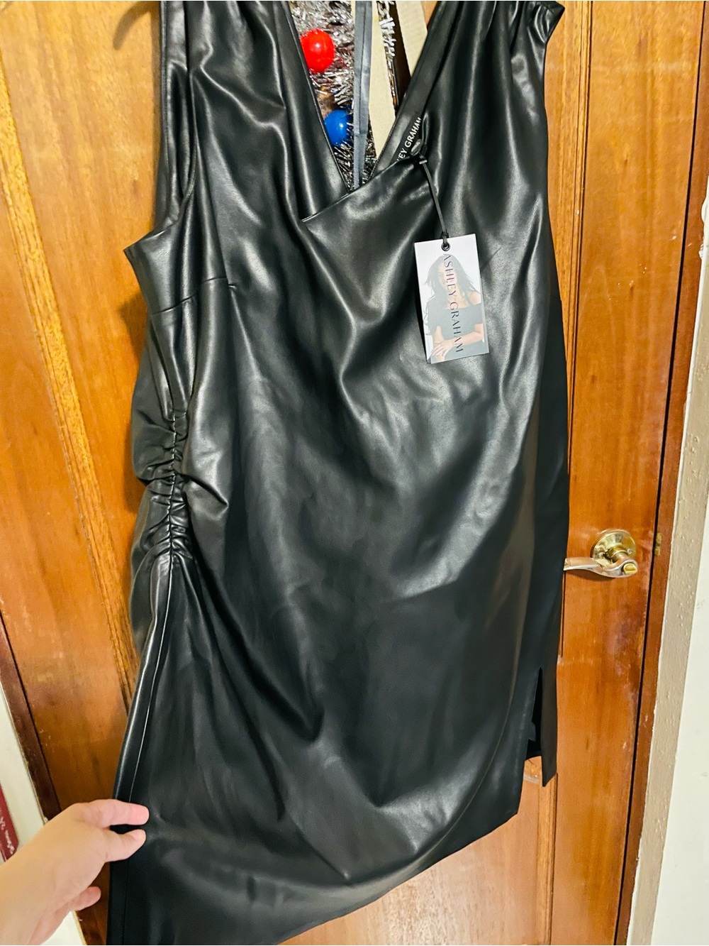 Ashley Graham Sleeveless Faux Leather Black Dress